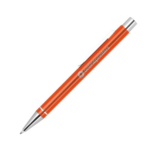 Orange gel pen with metal elements and clip.
