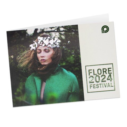 Paper, portrait-format folding cards with partial raised varnish.
