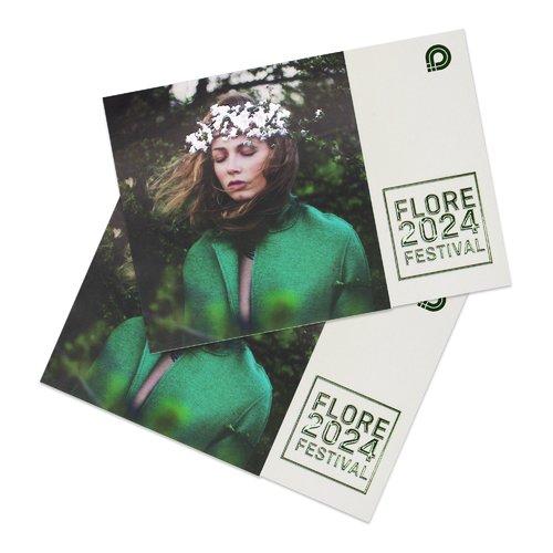 Paper folded card in portrait format with partial raised varnish.