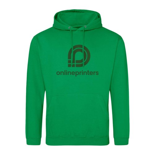 Green fabric hoodie with hood and kangaroo pocket.