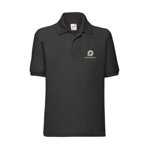 Black children's pique polo shirt made of cotton blend with short sleeves.