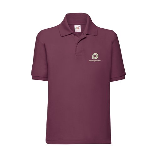 Burgundy polyester-cotton blend children's polo shirt with pique texture.