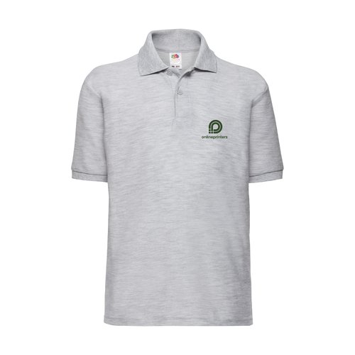 Gray heather child's polo shirt made of polyester-cotton blend with short sleeves.