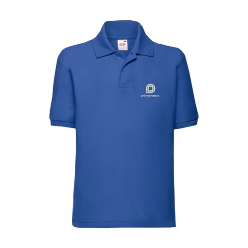 Royal blue child's polo shirt in cotton blend with short sleeves.