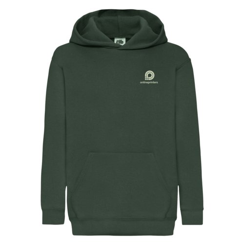 Dark green blended fabric hoodie with hood and kangaroo pocket.