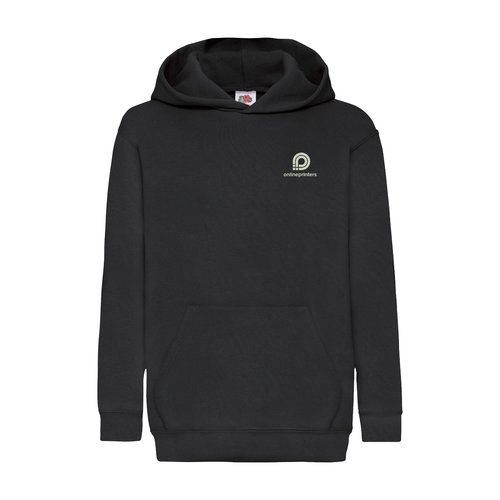 Black child's cotton blend hoodie with hood and kangaroo pocket.