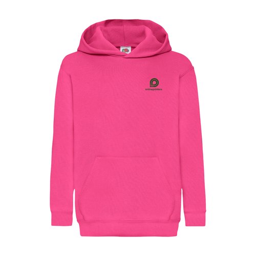 Fuchsia cotton-polyester hoodie for kids with hood and kangaroo pocket.