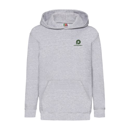Grey heathered children's hoodie in cotton blend with hood and kangaroo pocket.