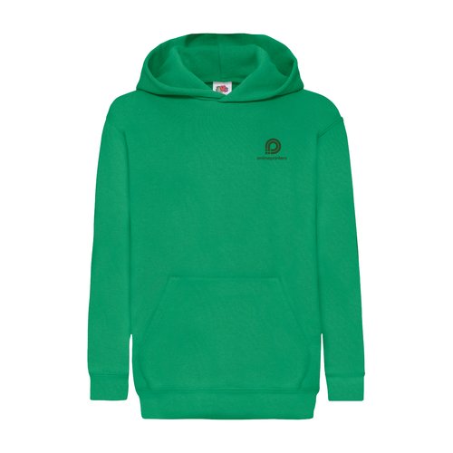 Green cotton-polyester hoodie for children with hood and kangaroo pocket.