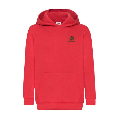Red kids' cotton-blend hoodie with hood and kangaroo pocket.
