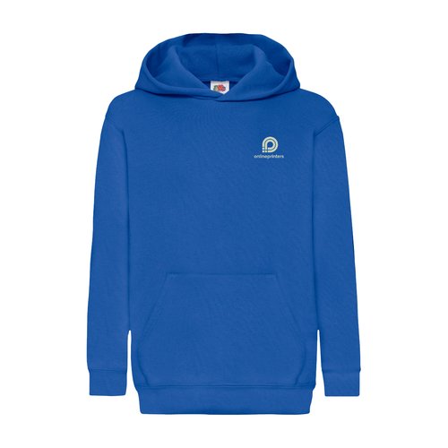Royal blue cotton-polyester children's hoodie with hood and kangaroo pocket.