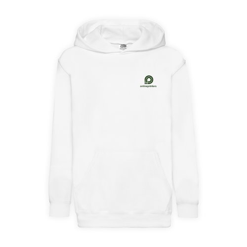 White cotton blend kids hoodie with hood and kangaroo pocket.