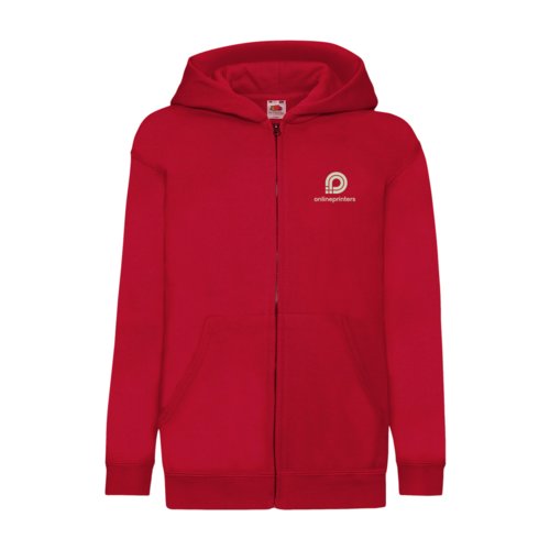 Red cotton-blend sweat jacket for kids with hood and full zipper.