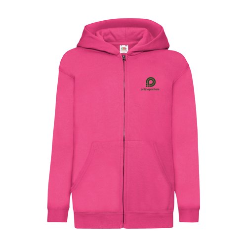 Fuchsia cotton-blend kids' sweatshirt jacket with hood and zipper.