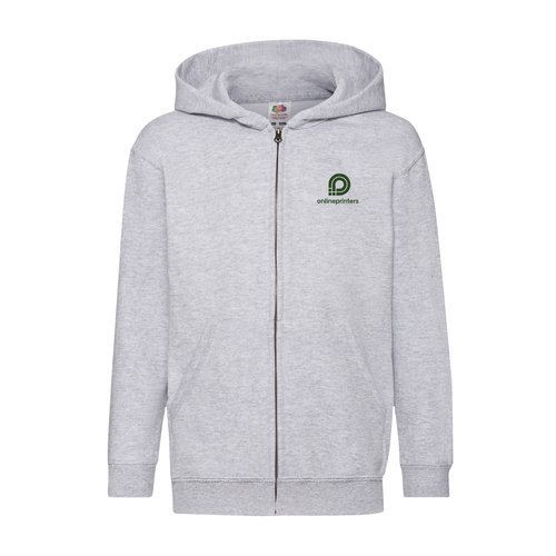Grey heather cotton-blend sweatshirt jacket with hood and full zipper.