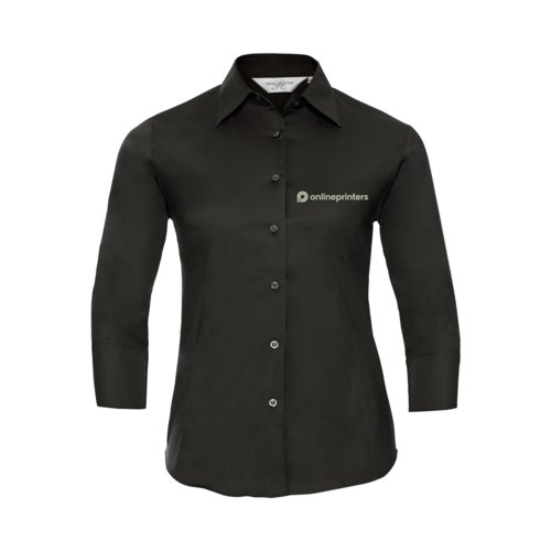 Black blouse with long sleeves and button placket.