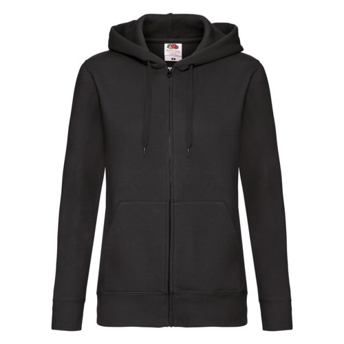 Black cotton-blend hooded jacket with zipper and drawstring.