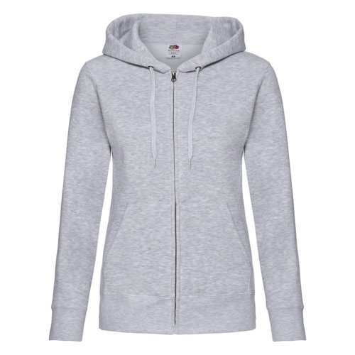 Grey heather cotton-polyester blend women's hooded jacket with full zipper and pockets.