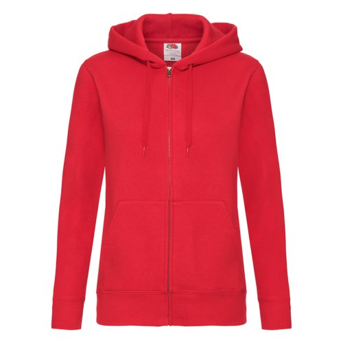 Red cotton-blend hooded jacket with full zipper and drawstring.