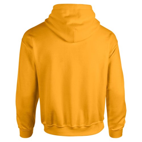 Golden yellow cotton-polyester hoodie with hood and kangaroo pocket.