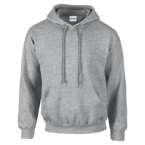 Gray cotton-polyester men's hoodie with hood and kangaroo pocket.