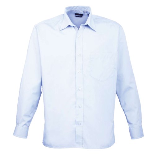 Light blue poplin shirt made of polyester and cotton for men.