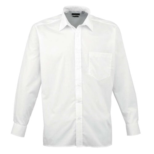 White poplin shirt made of polyester and cotton with long sleeves.