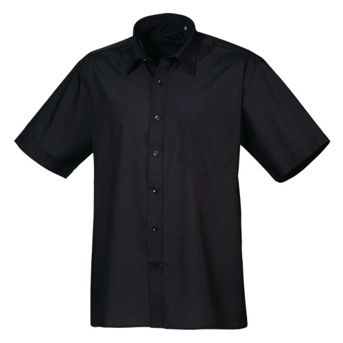 Black men's short-sleeve shirt in polyester and cotton with button placket.