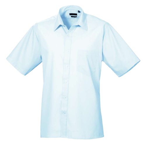 Light blue poplin shirt with short sleeves and button placket.