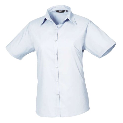 Light blue poplin blouse with short sleeves.