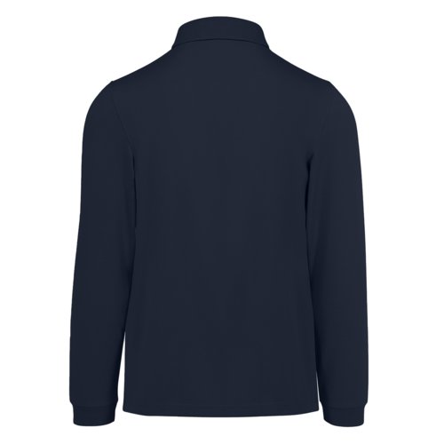 Navy blue cotton polo shirt with long sleeves for men.