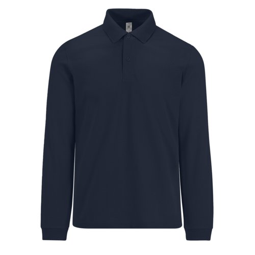 Navy blue cotton polo shirt with long sleeves and button placket.