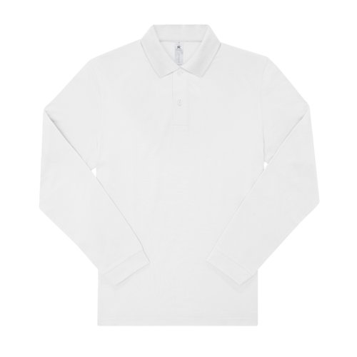 White cotton polo shirt with long sleeves and button placket.