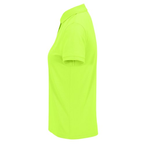 Apple green women's polo shirt made of recycled polyester and cotton.