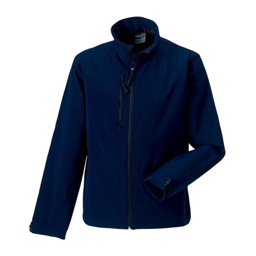 Navy blue softshell jacket made of polyester and elastane for men.