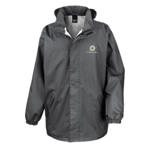 Gray midweight material rain jacket with hood.