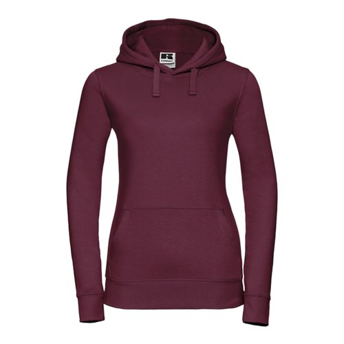 Burgundy women's cotton-blend hoodie with hood and kangaroo pocket.