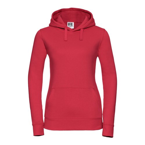 Red cotton-polyester women's hoodie with hood and kangaroo pocket.