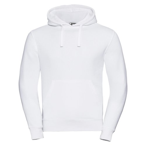 White cotton-polyester hoodie with hood and kangaroo pocket.