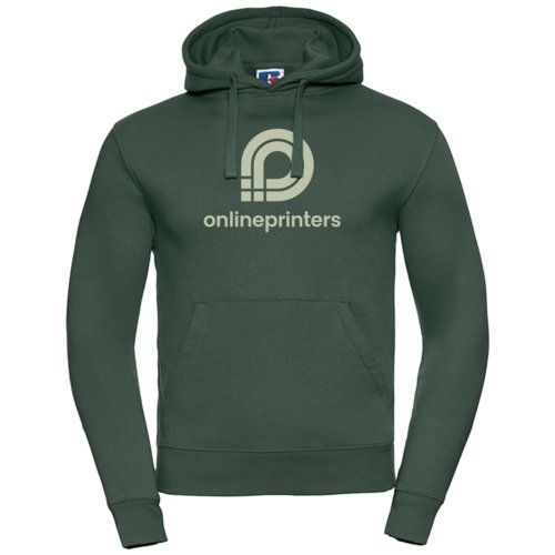 Dark green cotton hoodie for men with hood and kangaroo pocket.