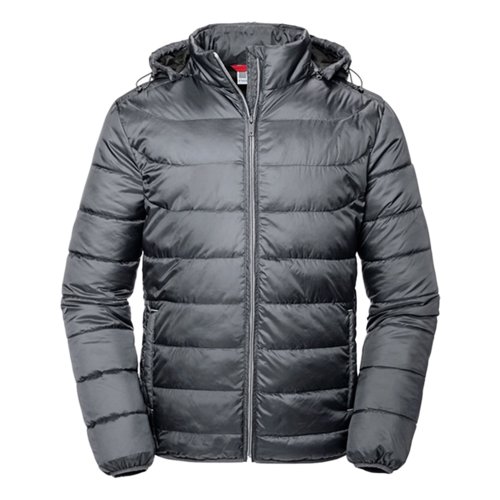 Gray polyester quilted jacket with hood for men.
