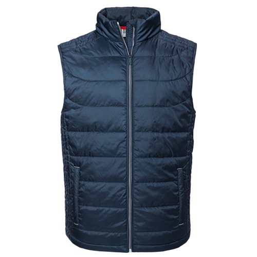 Navy blue polyester quilted vest with full zipper.
