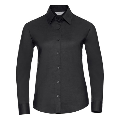 Black Oxford blouse made of cotton blend with long sleeves.