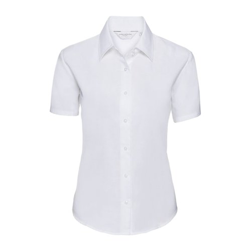 White short-sleeve cotton-blend blouse with collar.
