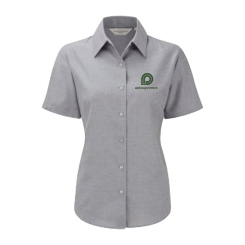Grey short-sleeve blouse with button placket for women.