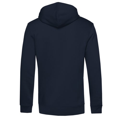 Navy blue cotton blend hoodie with hood and kangaroo pocket.