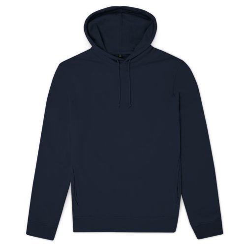 Navy blue cotton blend hoodie with hood and drawstring.