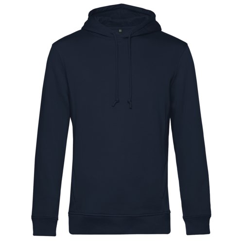 Navy blue hoodie made of organic cotton-polyester blend with hood and drawstring.