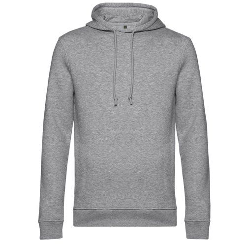 Heather gray hoodie made of organic cotton and recycled polyester with hood and drawstring.