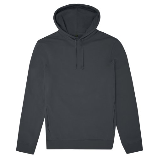 Dark grey blended organic cotton hoodie with hood and drawstring.